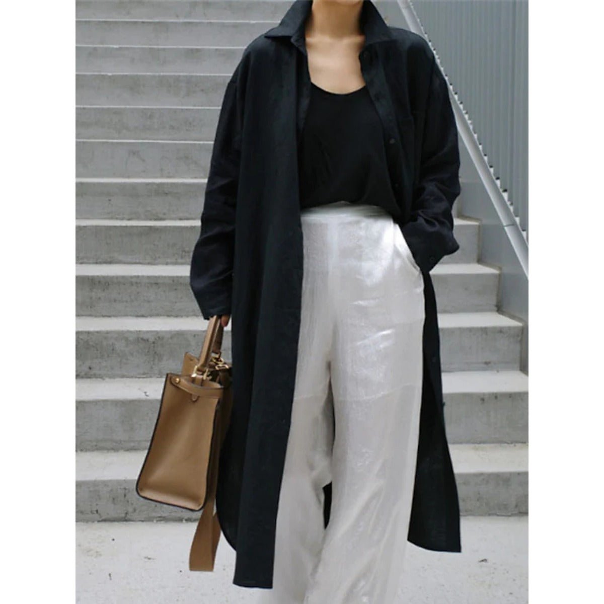 Muslim Casual Elegance Linen - Blend Shirt Dress | Modest Maxi with Button Front & Side Slits. (MS096) - Mariam's Collection