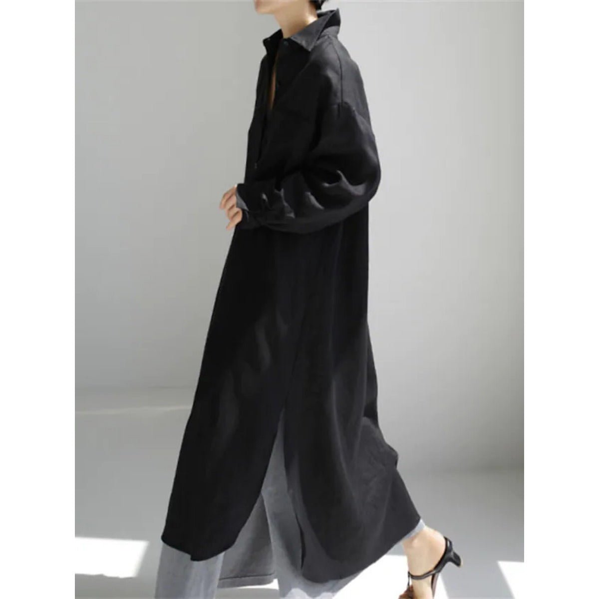 Muslim Casual Elegance Linen - Blend Shirt Dress | Modest Maxi with Button Front & Side Slits. (MS096) - Mariam's Collection