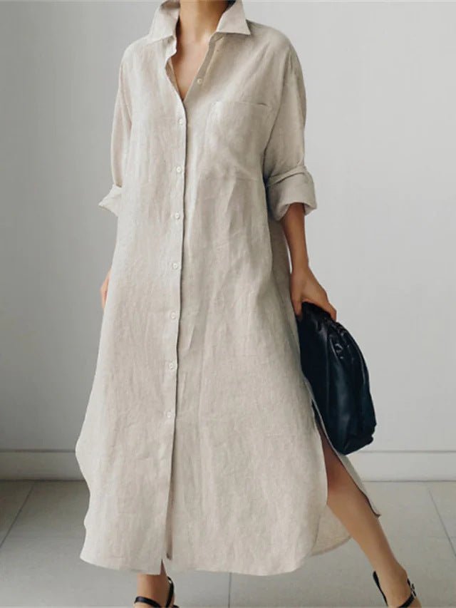 Muslim Casual Elegance Linen - Blend Shirt Dress | Modest Maxi with Button Front & Side Slits. (MS096) - Mariam's Collection