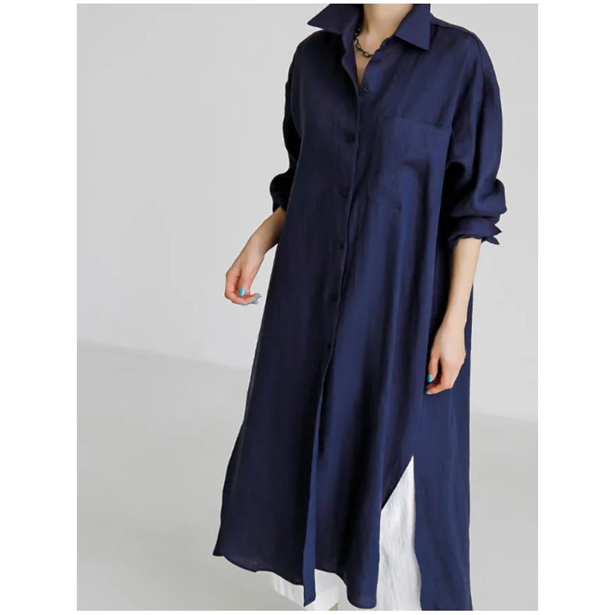 Muslim Casual Elegance Linen - Blend Shirt Dress | Modest Maxi with Button Front & Side Slits. (MS096) - Mariam's Collection