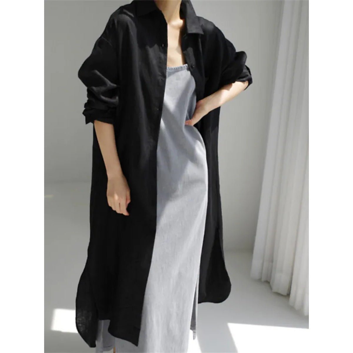 Muslim Casual Elegance Linen - Blend Shirt Dress | Modest Maxi with Button Front & Side Slits. (MS096) - Mariam's Collection