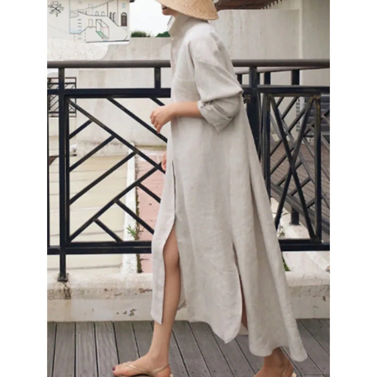 Muslim Casual Elegance Linen - Blend Shirt Dress | Modest Maxi with Button Front & Side Slits. (MS096) - Mariam's Collection