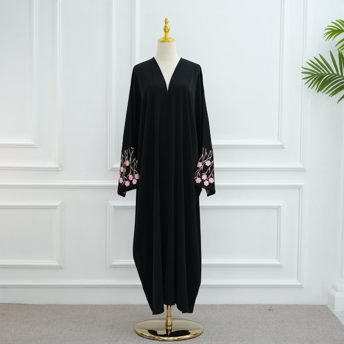 Muslim Elegant Floral Embroidered Abaya Cardigan | Black Modest Cover with Red/Pink Hand - Stitched Blossoms. (MOA169) - Mariam's Collection