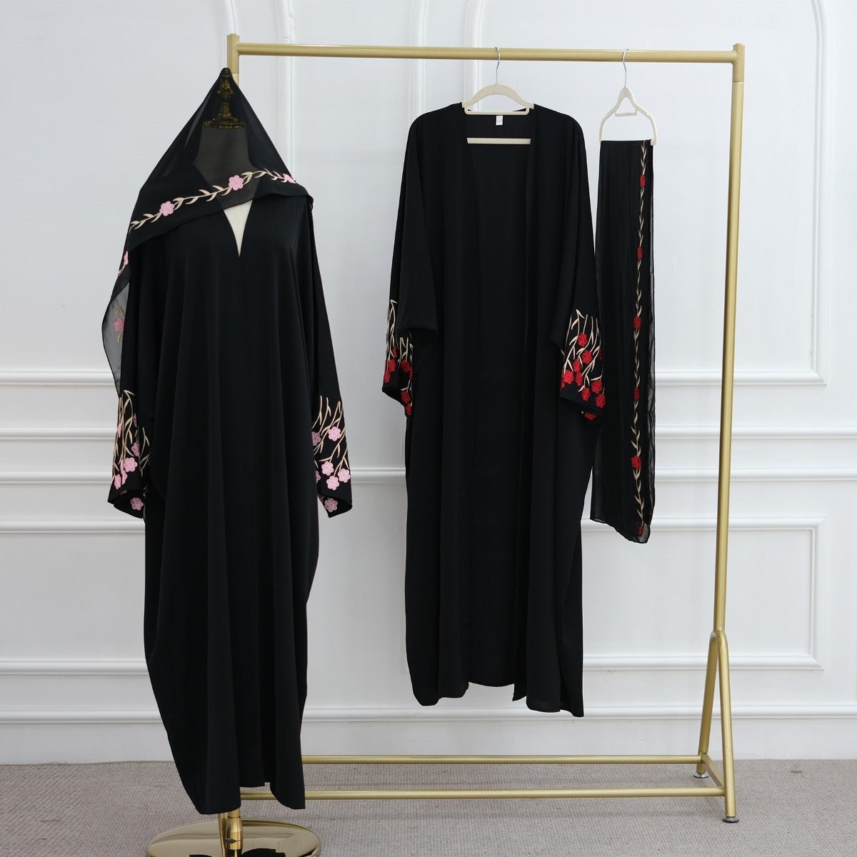 Muslim Elegant Floral Embroidered Abaya Cardigan | Black Modest Cover with Red/Pink Hand - Stitched Blossoms. (MOA169) - Mariam's Collection