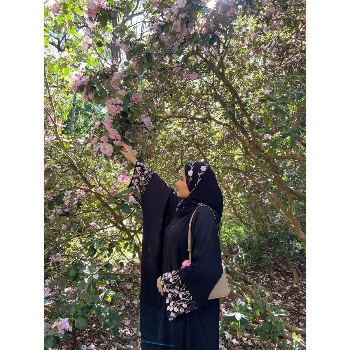 Muslim Elegant Floral Embroidered Abaya Cardigan | Black Modest Cover with Red/Pink Hand - Stitched Blossoms. (MOA169) - Mariam's Collection