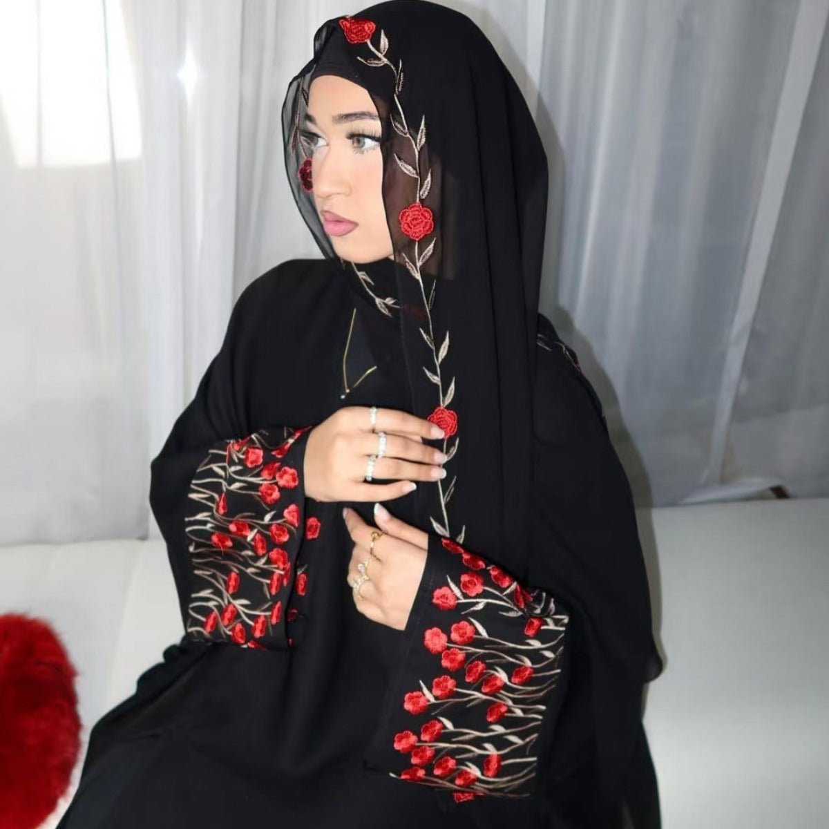 Muslim Elegant Floral Embroidered Abaya Cardigan | Black Modest Cover with Red/Pink Hand - Stitched Blossoms. (MOA169) - Mariam's Collection