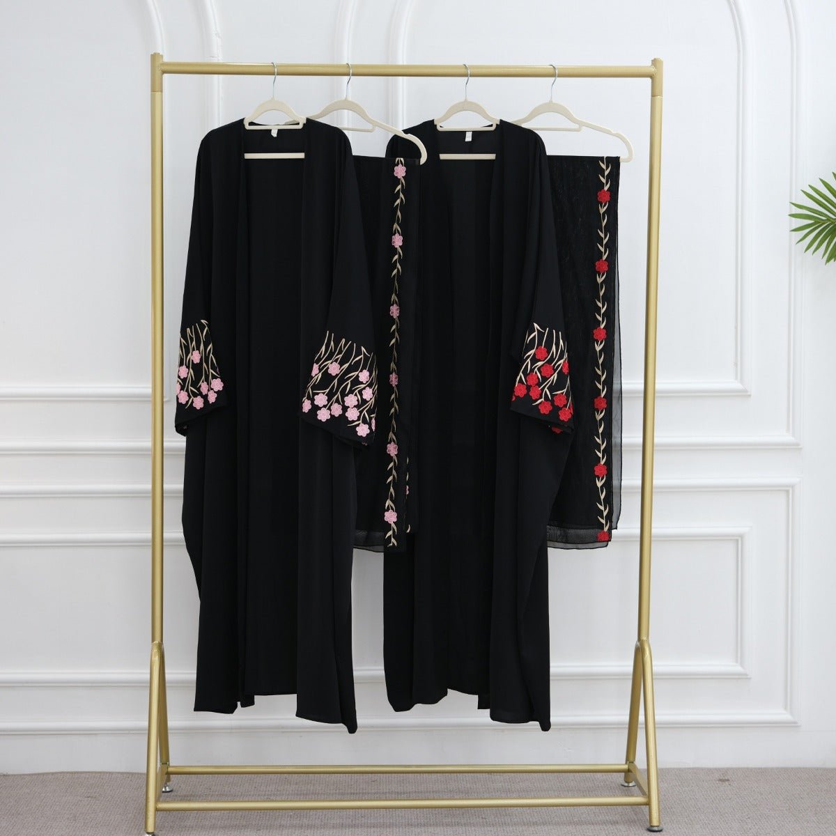 Muslim Elegant Floral Embroidered Abaya Cardigan | Black Modest Cover with Red/Pink Hand - Stitched Blossoms. (MOA169) - Mariam's Collection