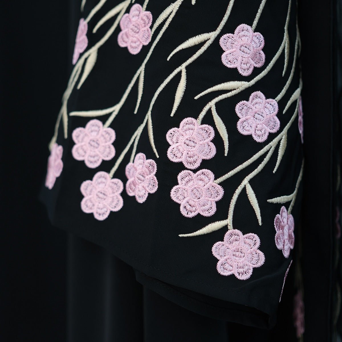 Muslim Elegant Floral Embroidered Abaya Cardigan | Black Modest Cover with Red/Pink Hand - Stitched Blossoms. (MOA169) - Mariam's Collection