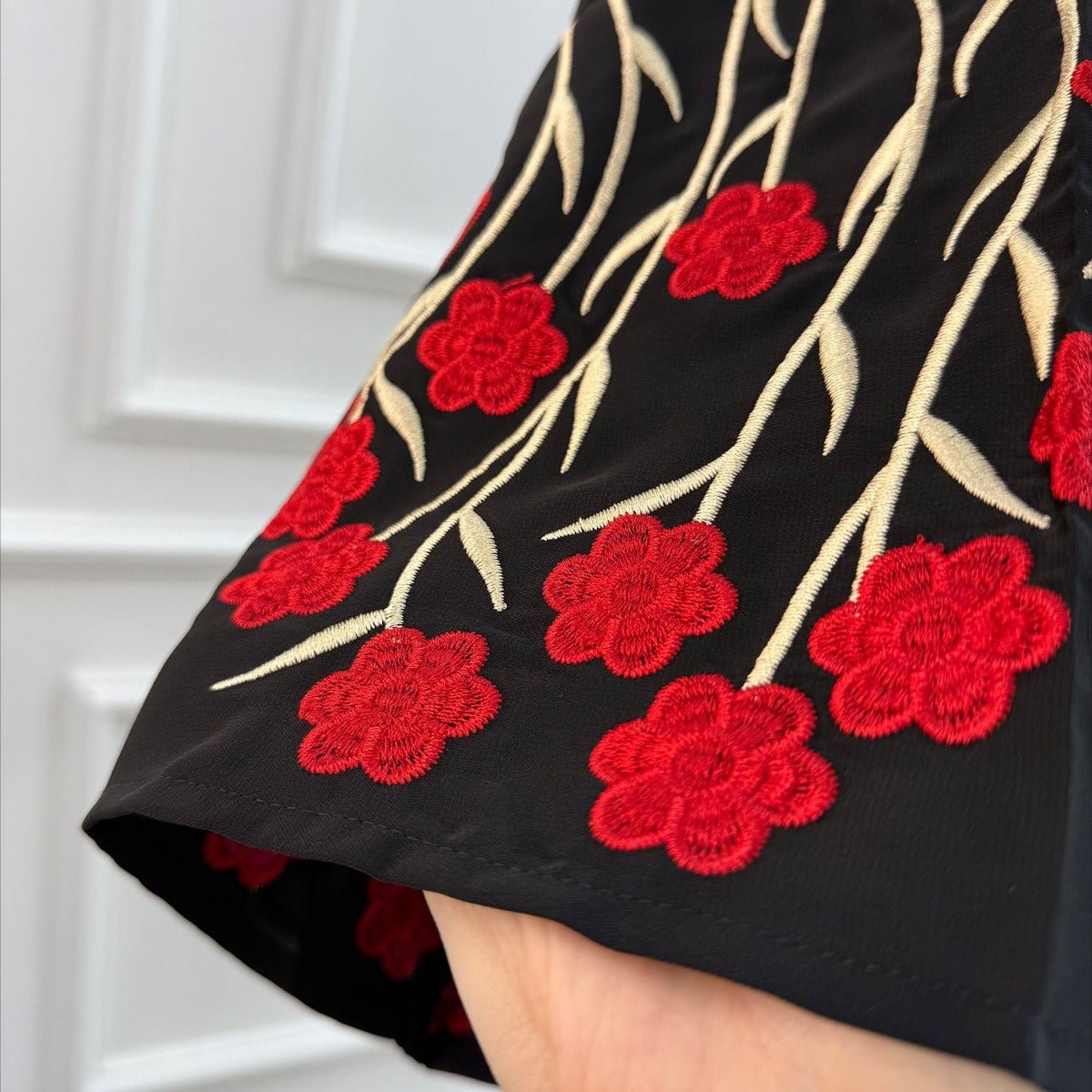 Muslim Elegant Floral Embroidered Abaya Cardigan | Black Modest Cover with Red/Pink Hand - Stitched Blossoms. (MOA169) - Mariam's Collection