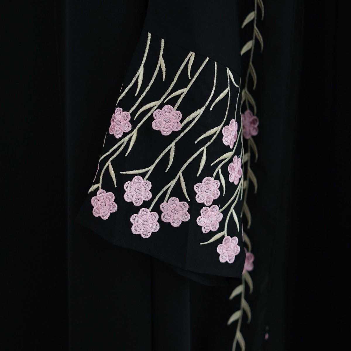 Muslim Elegant Floral Embroidered Abaya Cardigan | Black Modest Cover with Red/Pink Hand - Stitched Blossoms. (MOA169) - Mariam's Collection