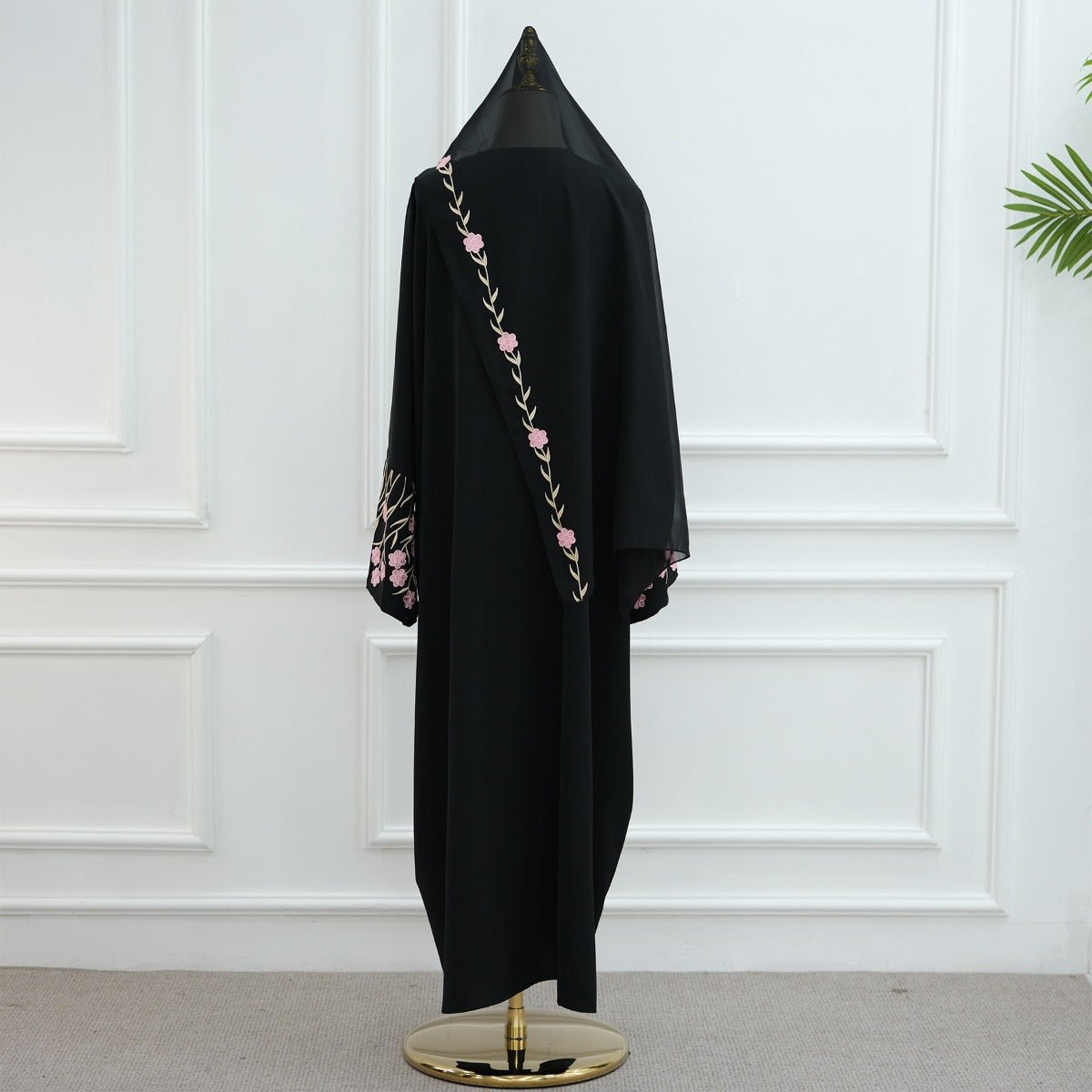 Muslim Elegant Floral Embroidered Abaya Cardigan | Black Modest Cover with Red/Pink Hand - Stitched Blossoms. (MOA169) - Mariam's Collection