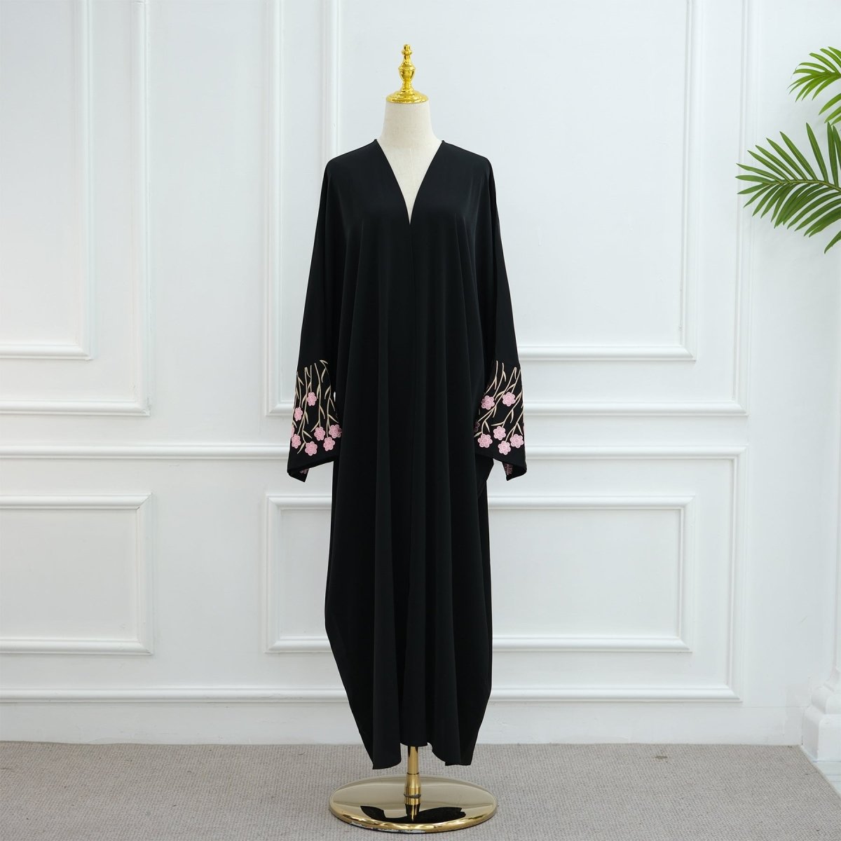 Muslim Elegant Floral Embroidered Abaya Cardigan | Black Modest Cover with Red/Pink Hand - Stitched Blossoms. (MOA169) - Mariam's Collection