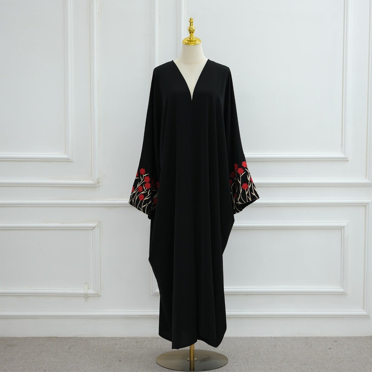 Muslim Elegant Floral Embroidered Abaya Cardigan | Black Modest Cover with Red/Pink Hand - Stitched Blossoms. (MOA169) - Mariam's Collection