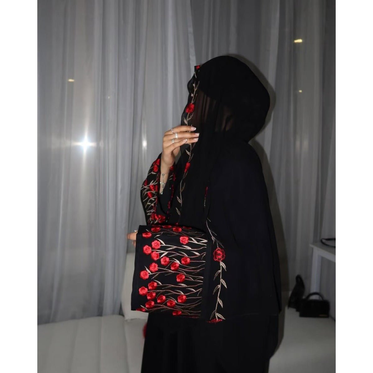 Muslim Elegant Floral Embroidered Abaya Cardigan | Black Modest Cover with Red/Pink Hand - Stitched Blossoms. (MOA169) - Mariam's Collection