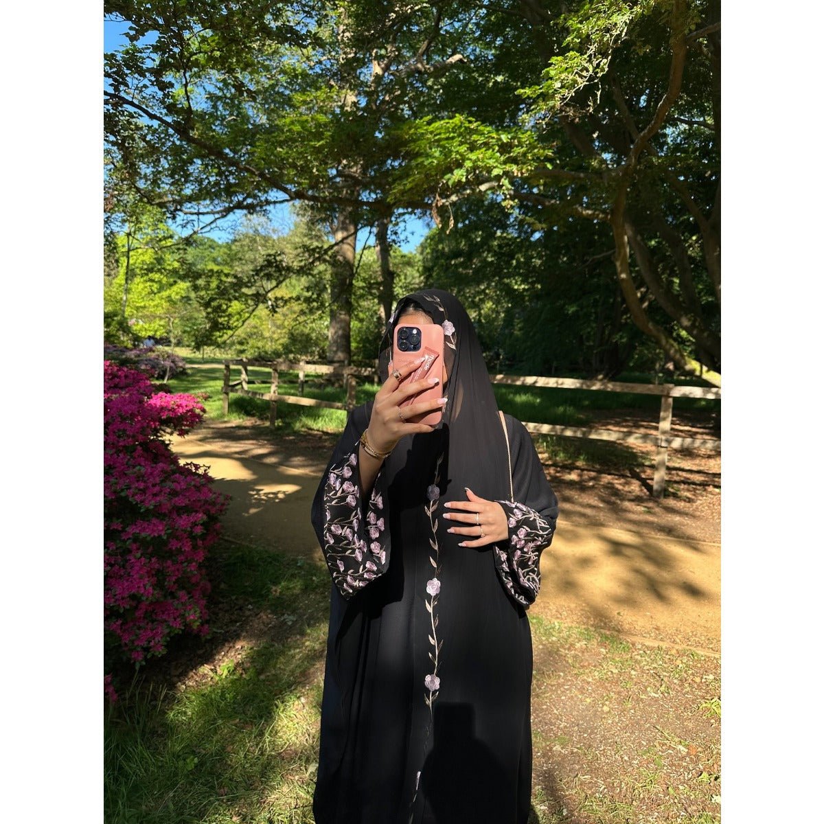 Muslim Elegant Floral Embroidered Abaya Cardigan | Black Modest Cover with Red/Pink Hand - Stitched Blossoms. (MOA169) - Mariam's Collection