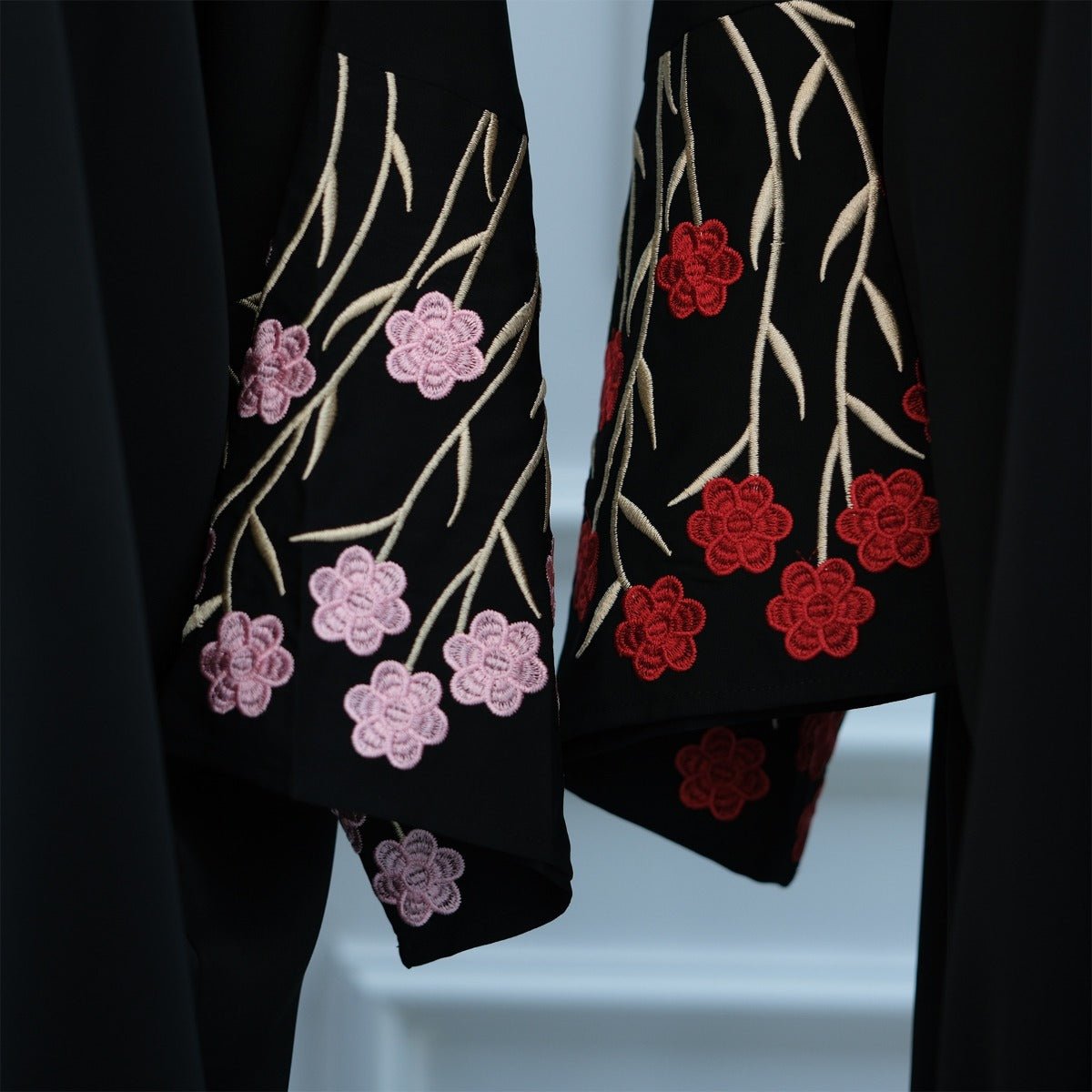 Muslim Elegant Floral Embroidered Abaya Cardigan | Black Modest Cover with Red/Pink Hand - Stitched Blossoms. (MOA169) - Mariam's Collection