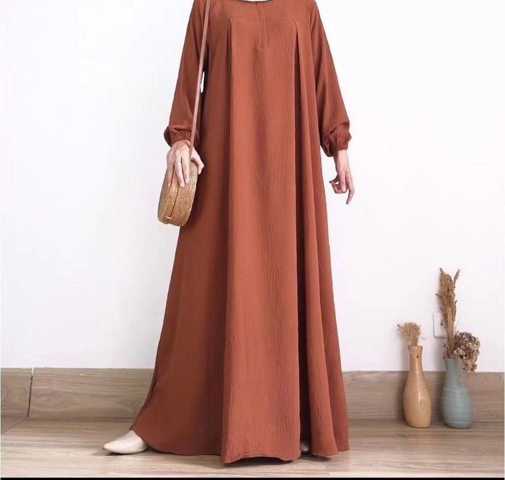Muslim Luxury Autumn Hues Bubble Sleeve Dress | Modest Robe with Placket Zip. (MA255) - Mariam's Collection