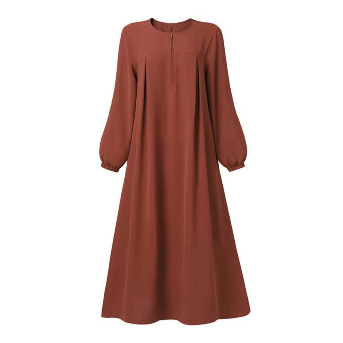 Muslim Luxury Autumn Hues Bubble Sleeve Dress | Modest Robe with Placket Zip. (MA255) - Mariam's Collection