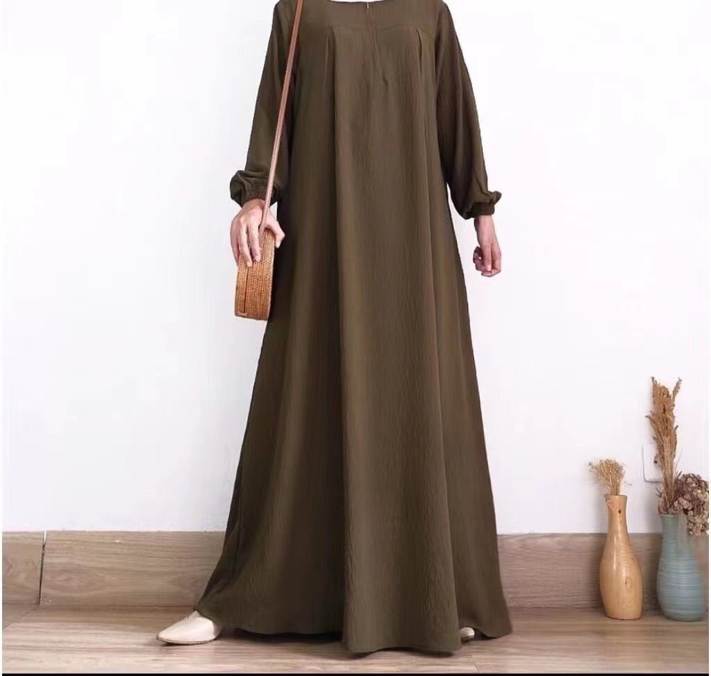 Muslim Luxury Autumn Hues Bubble Sleeve Dress | Modest Robe with Placket Zip. (MA255) - Mariam's Collection