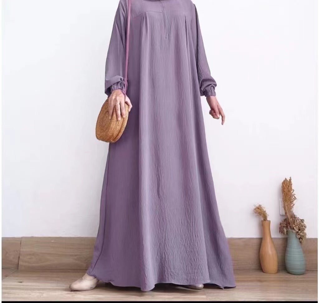 Muslim Luxury Autumn Hues Bubble Sleeve Dress | Modest Robe with Placket Zip. (MA255) - Mariam's Collection