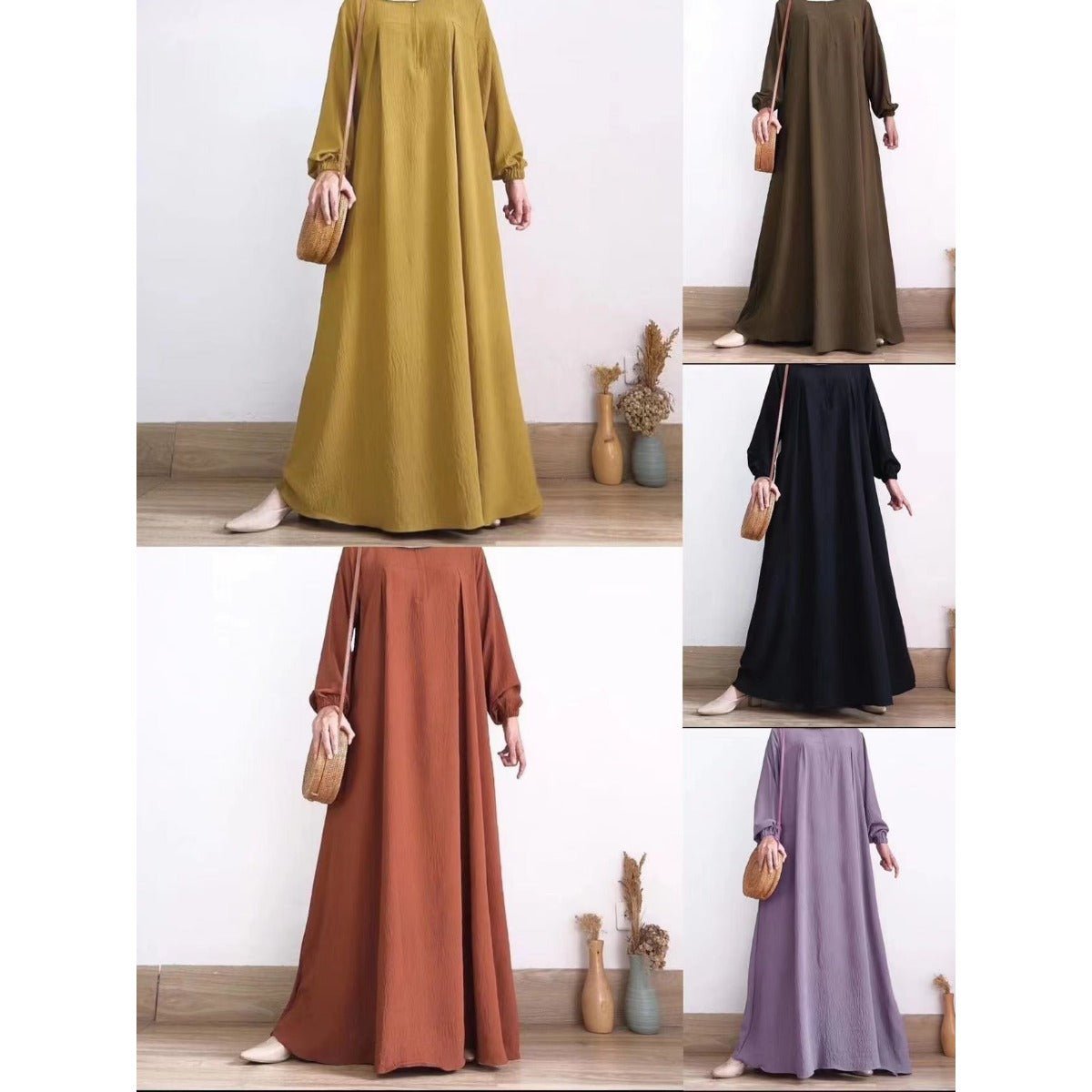Muslim Luxury Autumn Hues Bubble Sleeve Dress | Modest Robe with Placket Zip. (MA255) - Mariam's Collection
