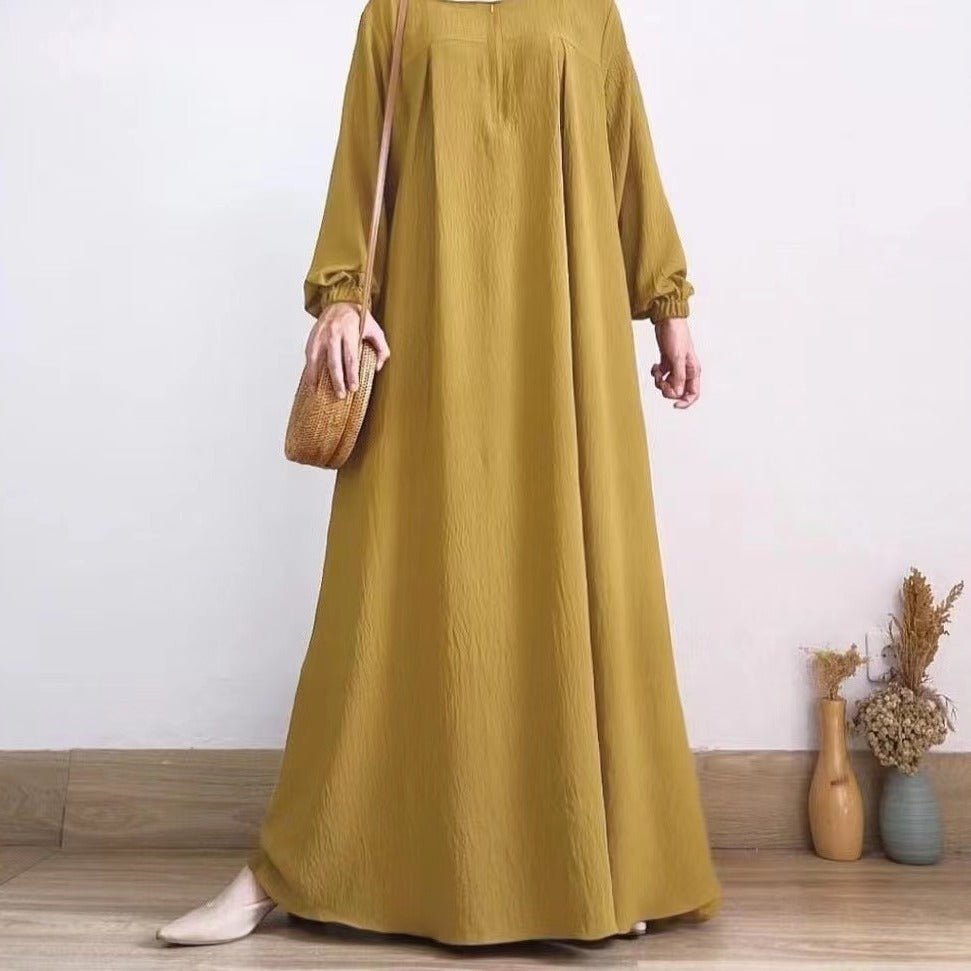 Muslim Luxury Autumn Hues Bubble Sleeve Dress | Modest Robe with Placket Zip. (MA255) - Mariam's Collection