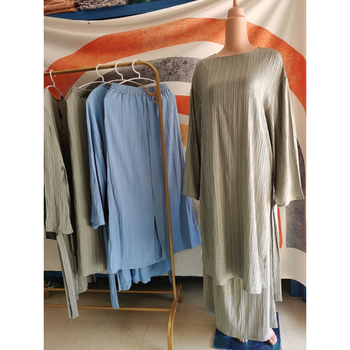 Muslim Modest Fashion Wrinkle - Texture Robe Skirt Set(MS103) - Mariam's Collection