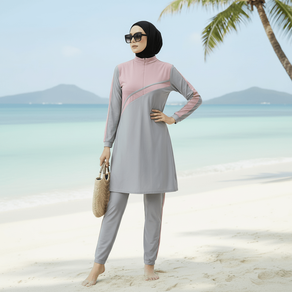 Muslim Women Swimming Suit With Headscarf & Pants, Long Sleeve Burkini Swim Suit (MB016) - Mariam's Collection