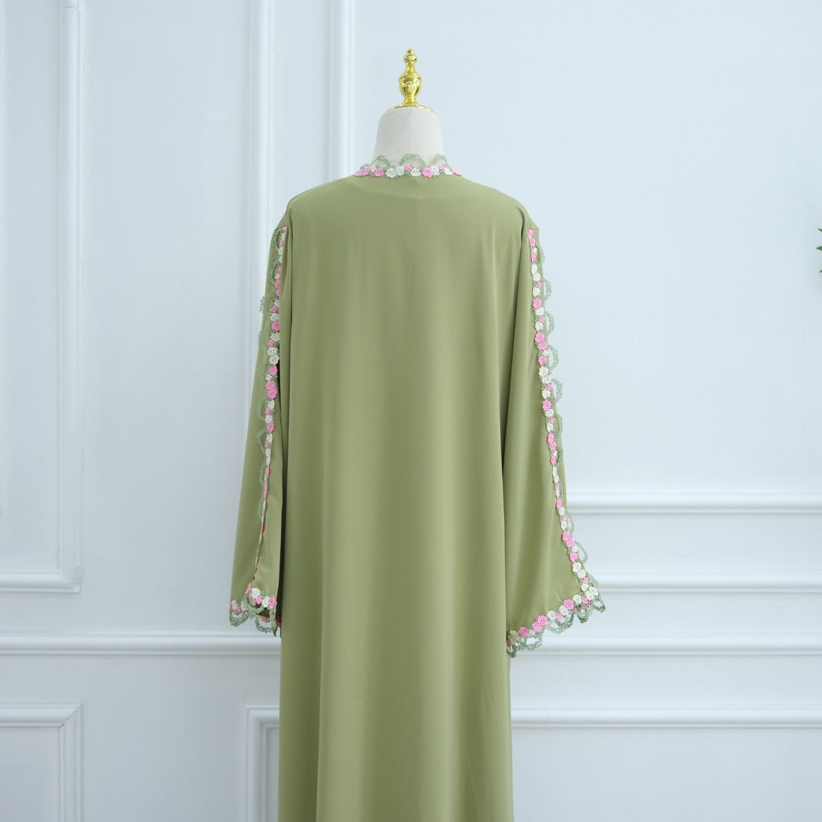 Muslim Women's Luxury Floral Embroidered Cardigan | Olive Green Modest Cover - Up with Pink/White Blossoms (MOA197) - Mariam's Collection