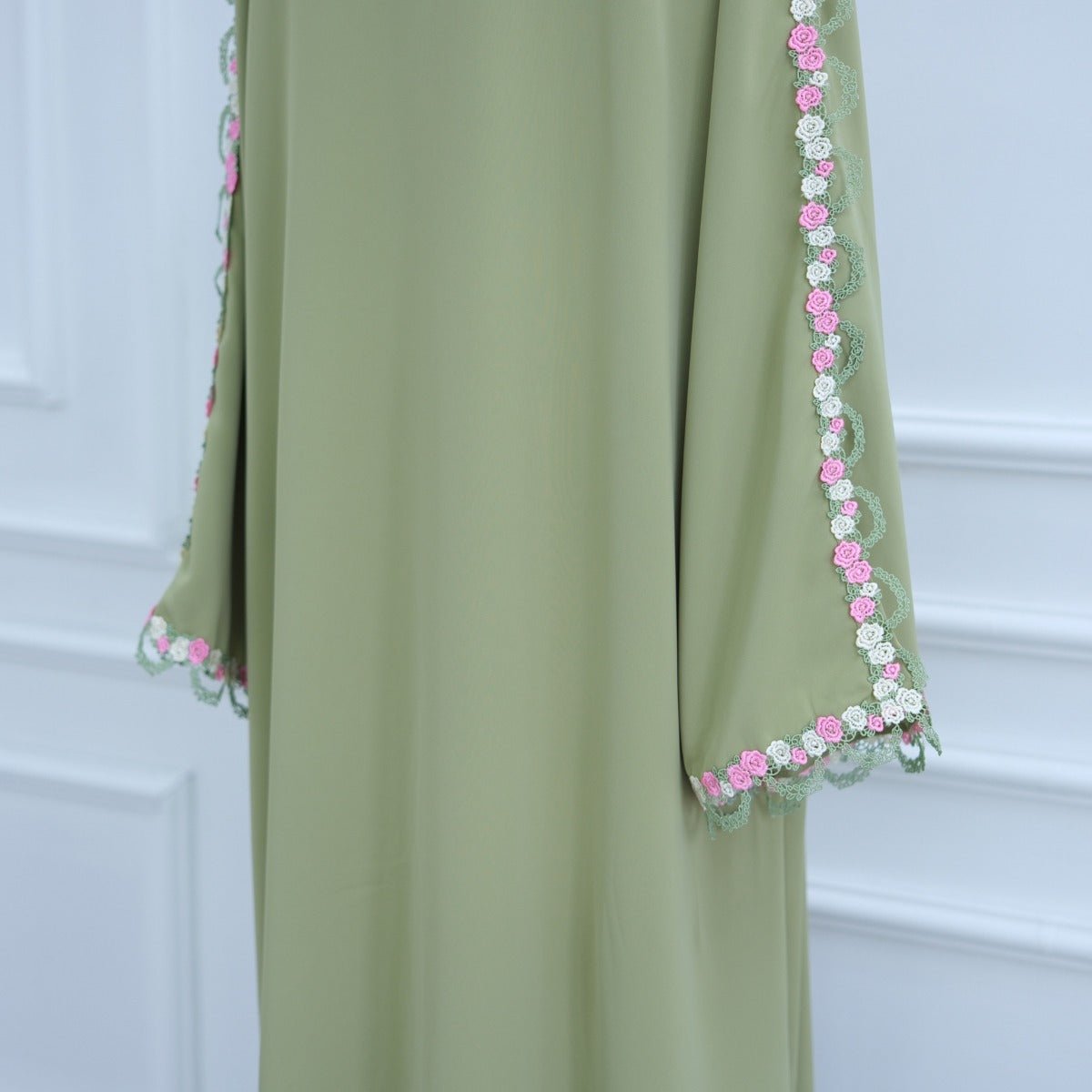 Muslim Women's Luxury Floral Embroidered Cardigan | Olive Green Modest Cover - Up with Pink/White Blossoms (MOA197) - Mariam's Collection