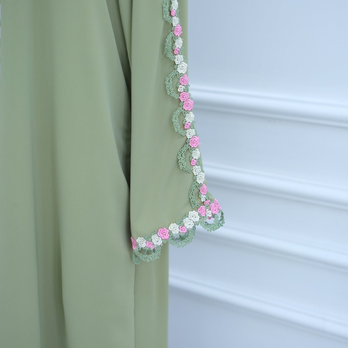 Muslim Women's Luxury Floral Embroidered Cardigan | Olive Green Modest Cover - Up with Pink/White Blossoms (MOA197) - Mariam's Collection