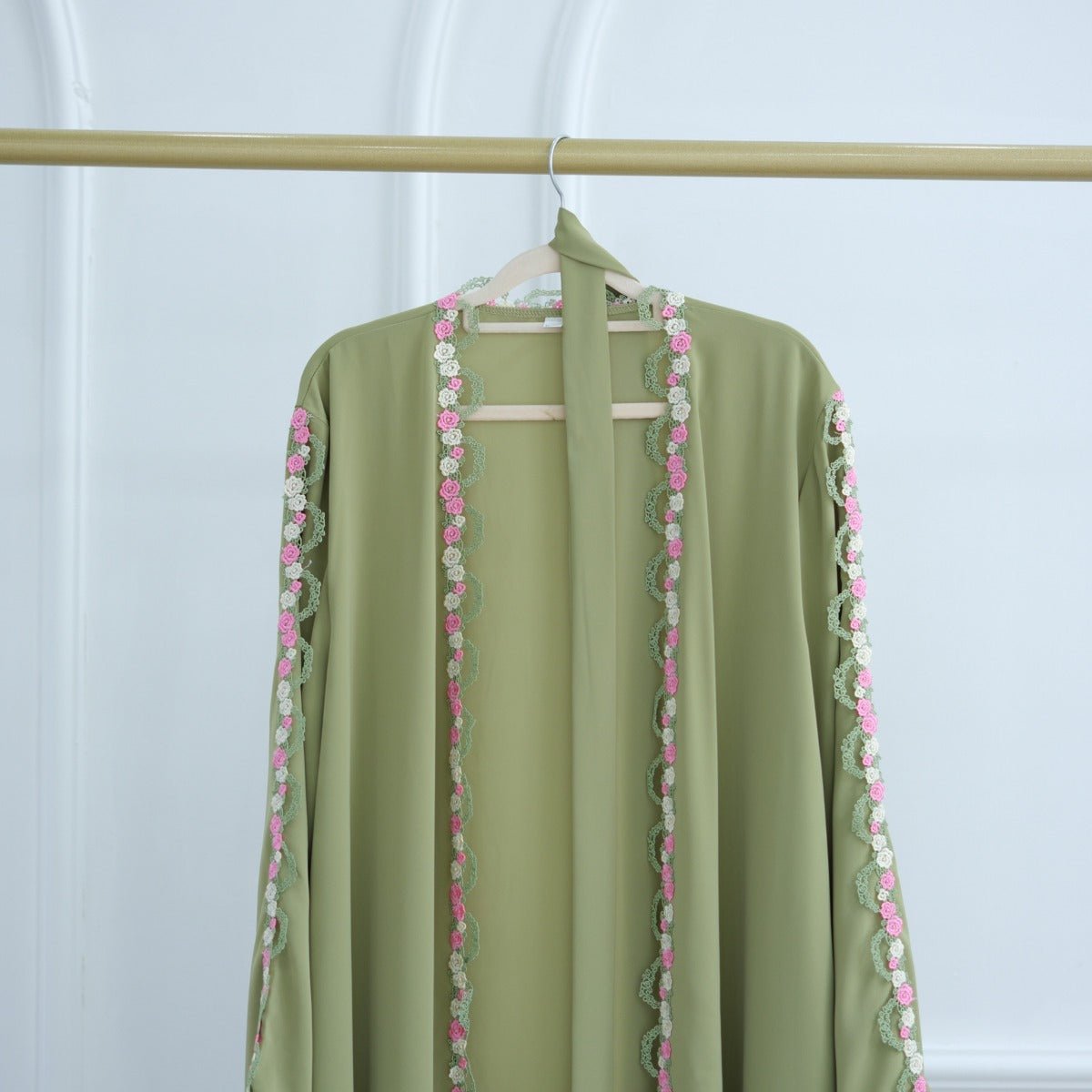 Muslim Women's Luxury Floral Embroidered Cardigan | Olive Green Modest Cover - Up with Pink/White Blossoms (MOA197) - Mariam's Collection