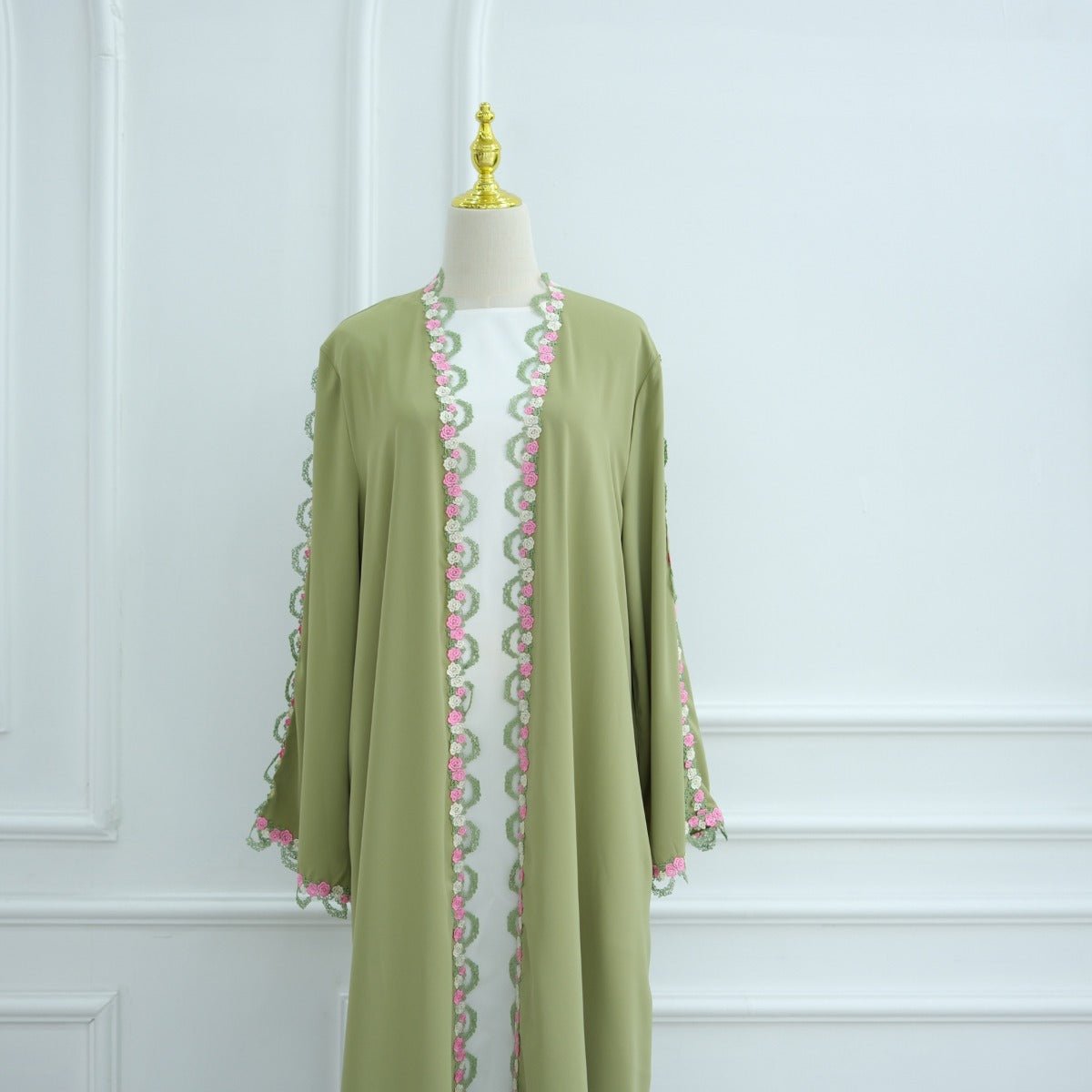 Muslim Women's Luxury Floral Embroidered Cardigan | Olive Green Modest Cover - Up with Pink/White Blossoms (MOA197) - Mariam's Collection