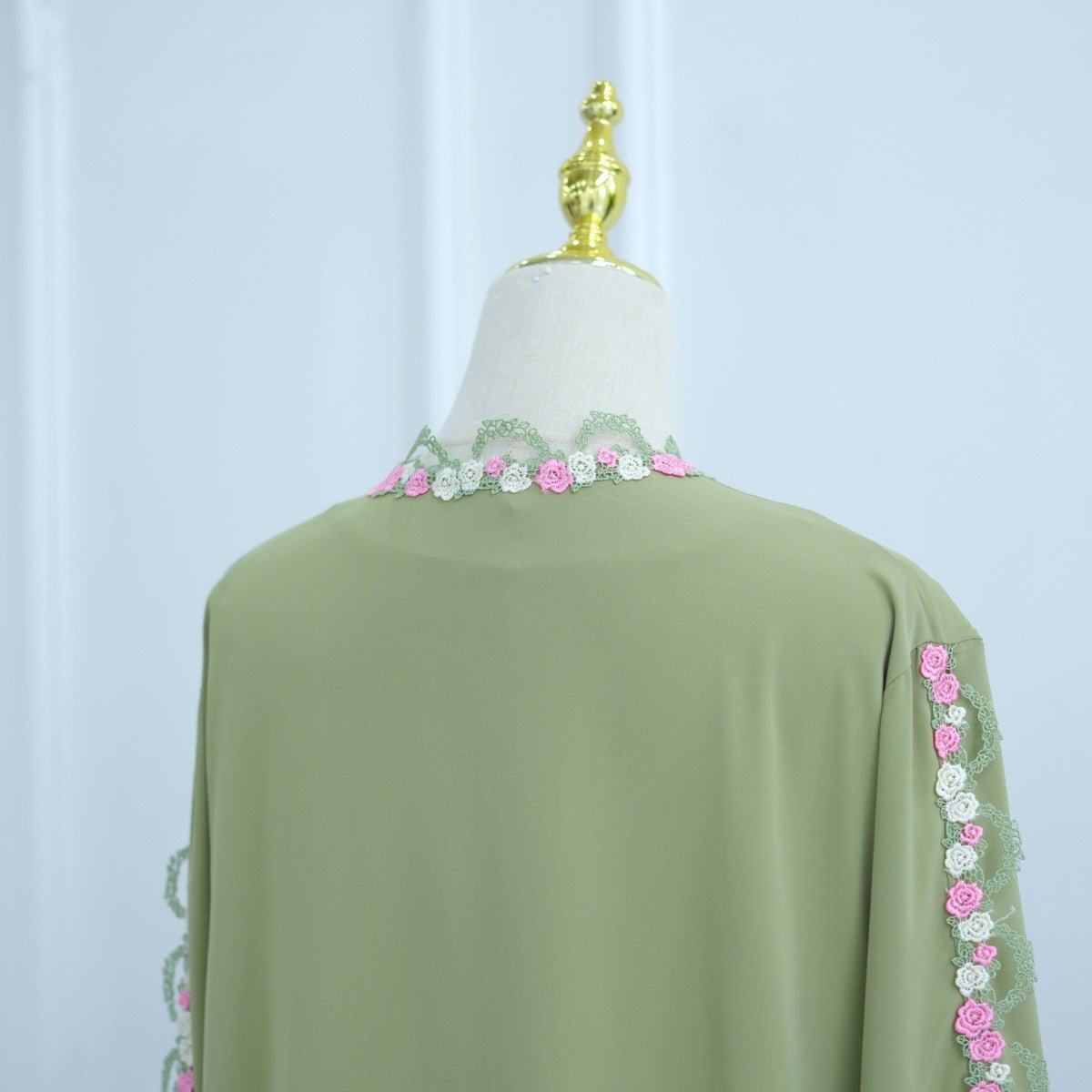 Muslim Women's Luxury Floral Embroidered Cardigan | Olive Green Modest Cover - Up with Pink/White Blossoms (MOA197) - Mariam's Collection