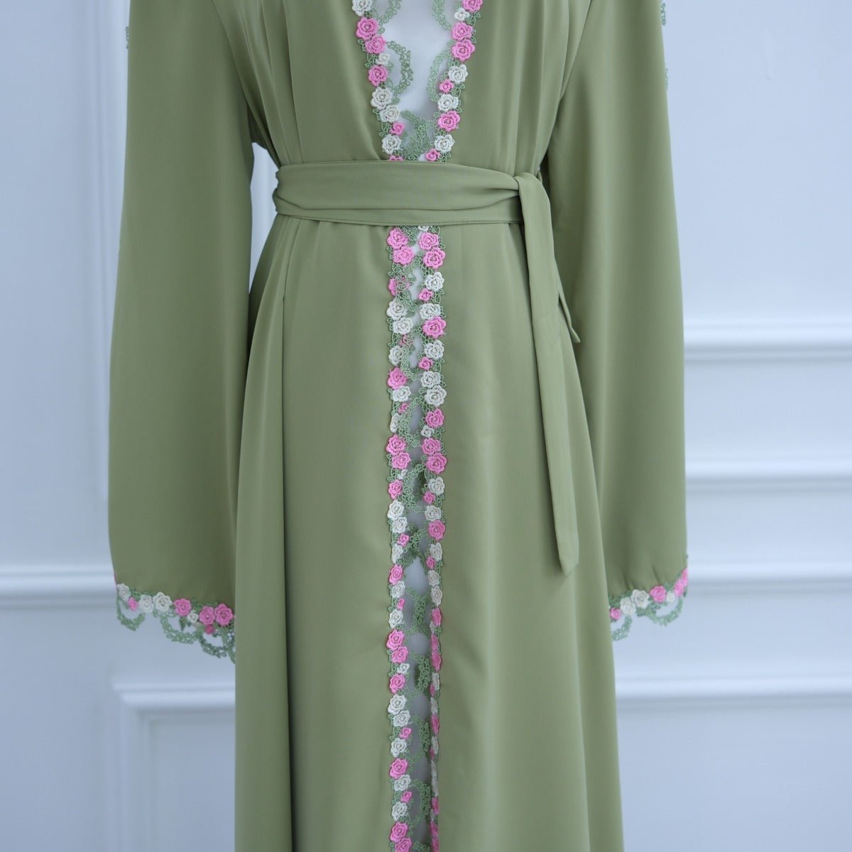 Muslim Women's Luxury Floral Embroidered Cardigan | Olive Green Modest Cover - Up with Pink/White Blossoms (MOA197) - Mariam's Collection