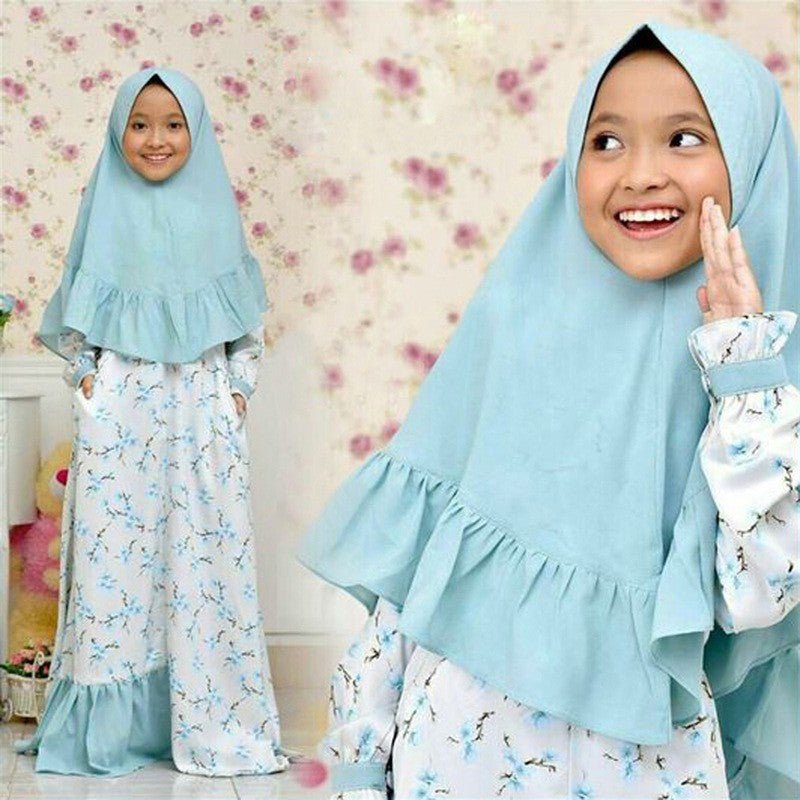 Muslimah Girls Blue Floral Dress & Khimar Set (MKG027) - Mariam's Collection