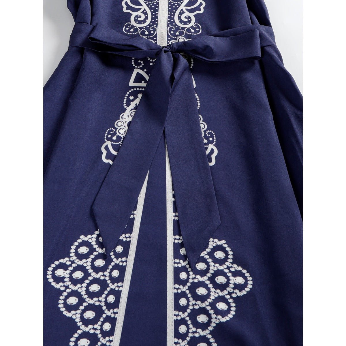 Navy Blue Digital Print Flared Sleeve Dress - Modest Elegant Robe with Lace - Up Detail & Embroidery(MA284) - Mariam's Collection