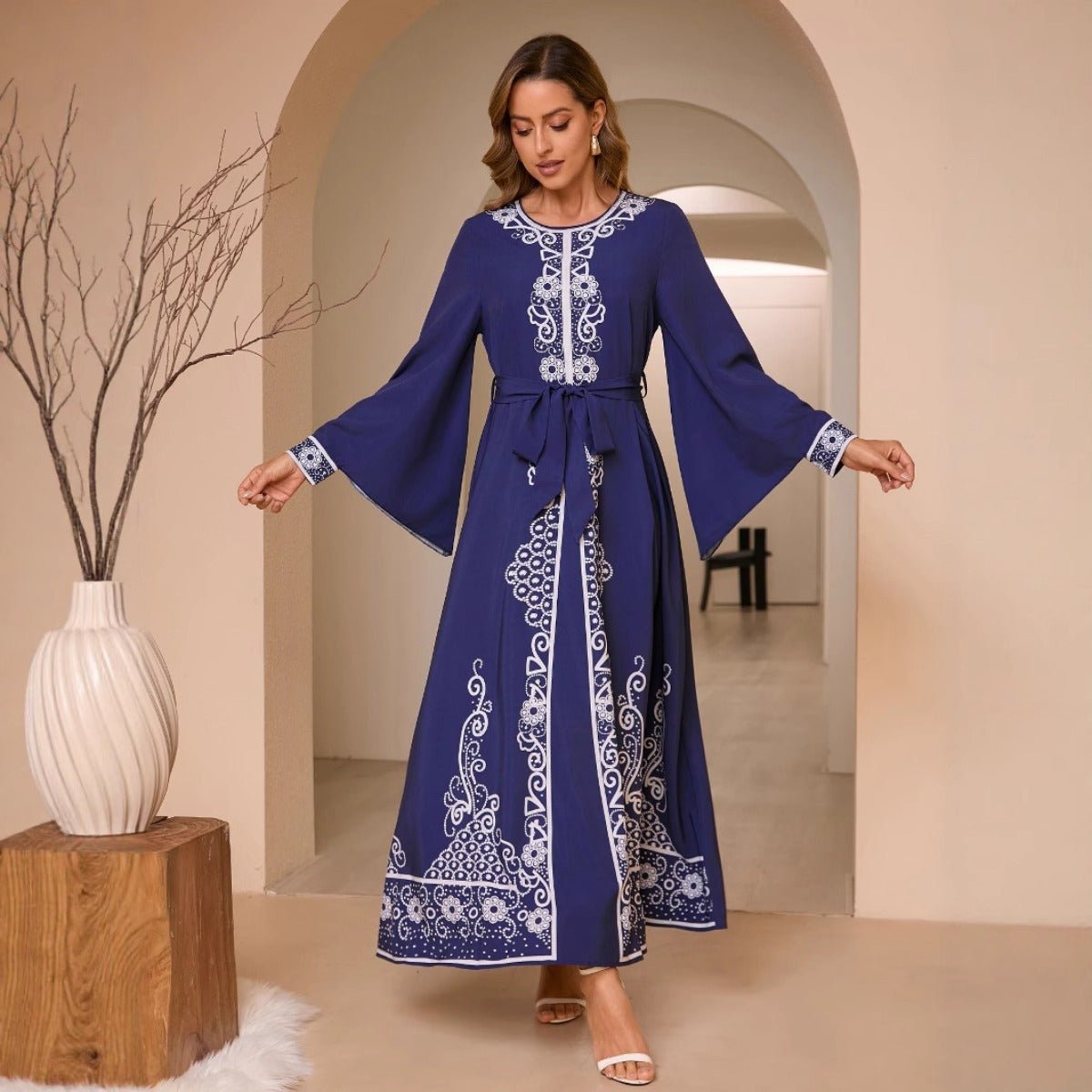 Navy Blue Digital Print Flared Sleeve Dress - Modest Elegant Robe with Lace - Up Detail & Embroidery(MA284) - Mariam's Collection