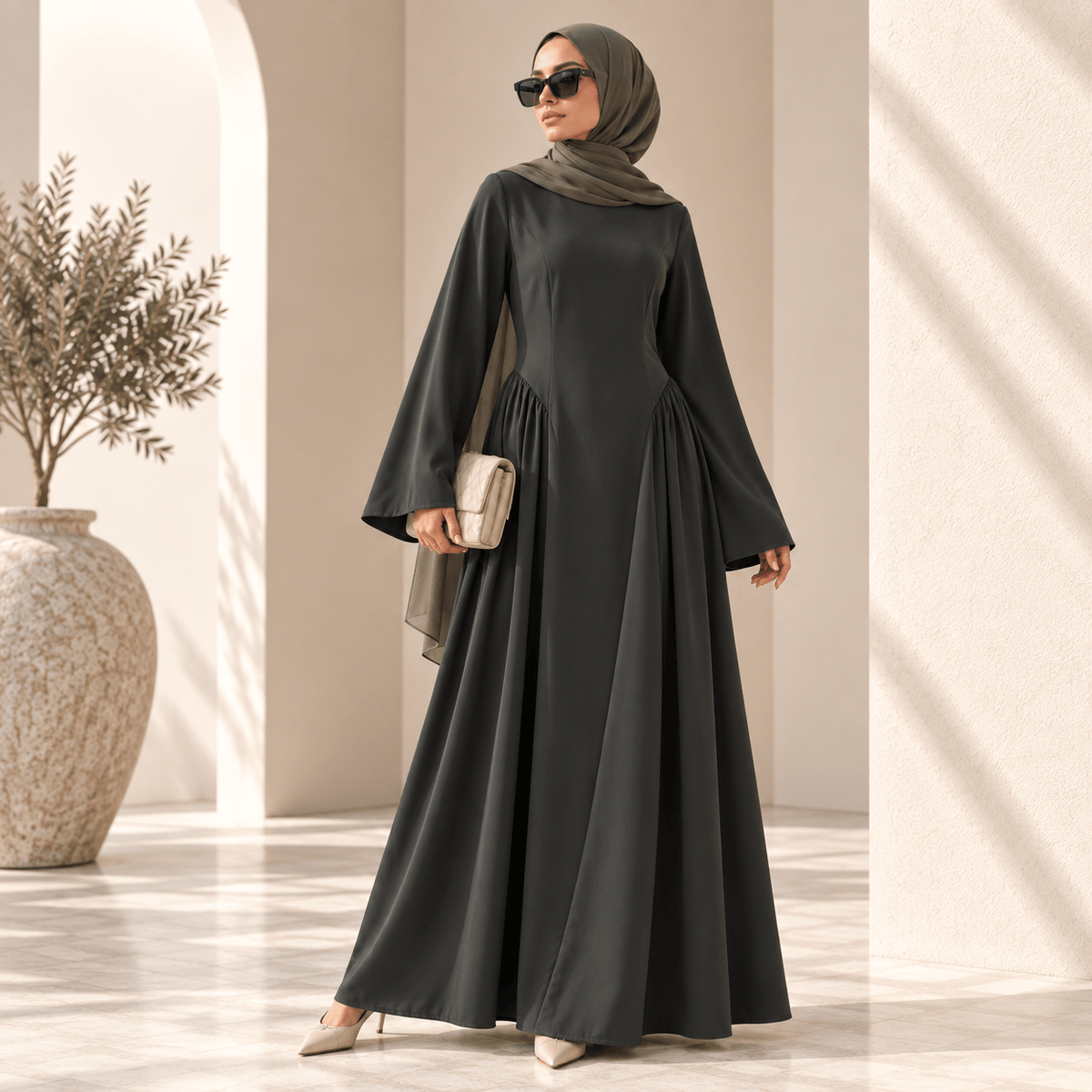 Nida Bell Sleeve Abaya Dress – Pleated A-Line Nida Abaya