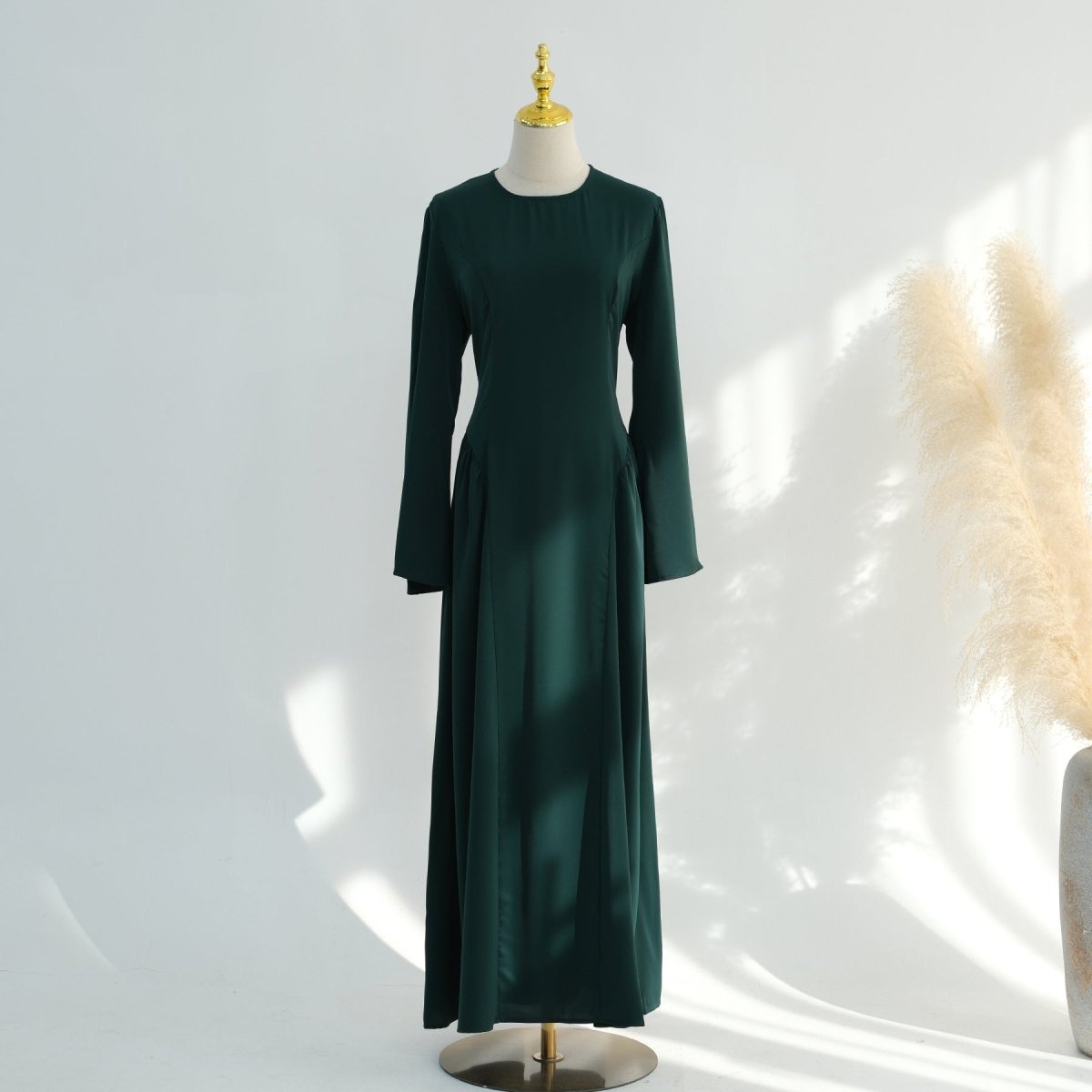 Round neckline detail on modest nida maxi dress