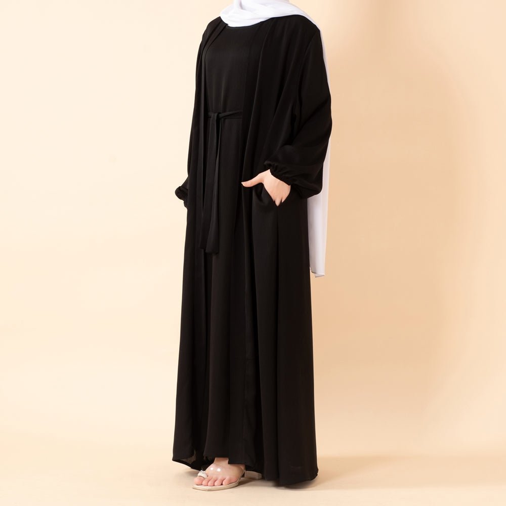 NIDA ZOOM Textured Abaya Set | 3 - Piece Modest Dress with Pockets & Belt(MOA239) - Mariam's Collection