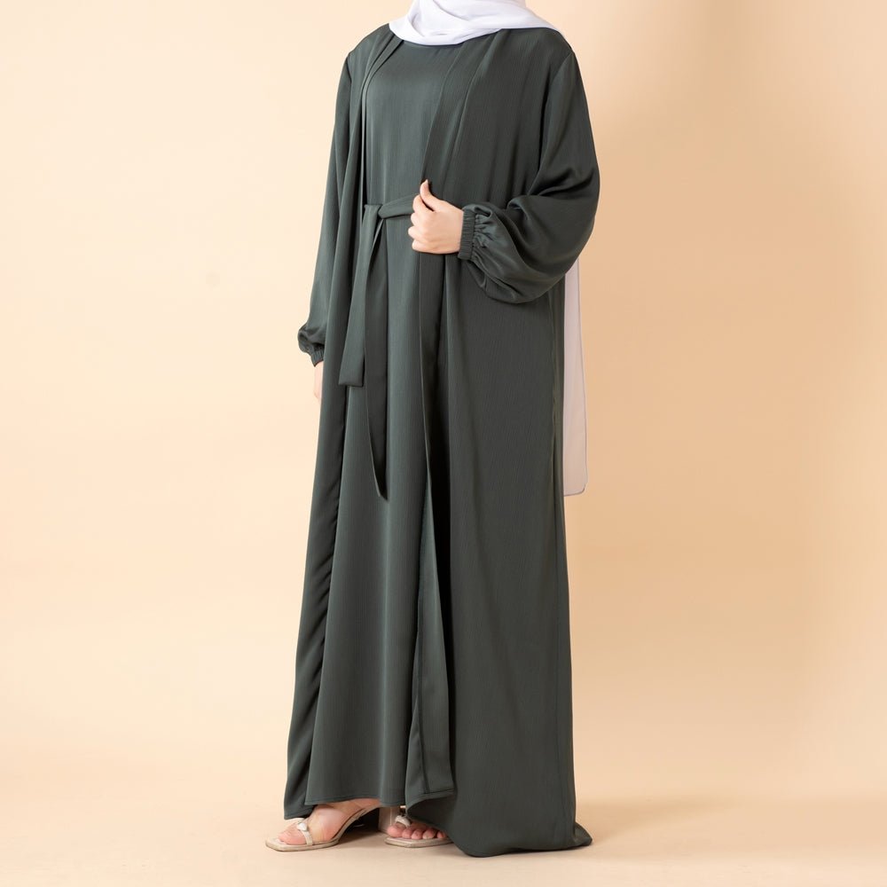 NIDA ZOOM Textured Abaya Set | 3 - Piece Modest Dress with Pockets & Belt(MOA239) - Mariam's Collection