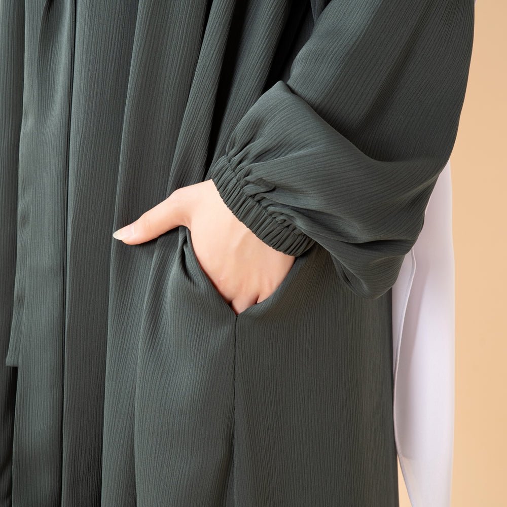 NIDA ZOOM Textured Abaya Set | 3 - Piece Modest Dress with Pockets & Belt(MOA239) - Mariam's Collection