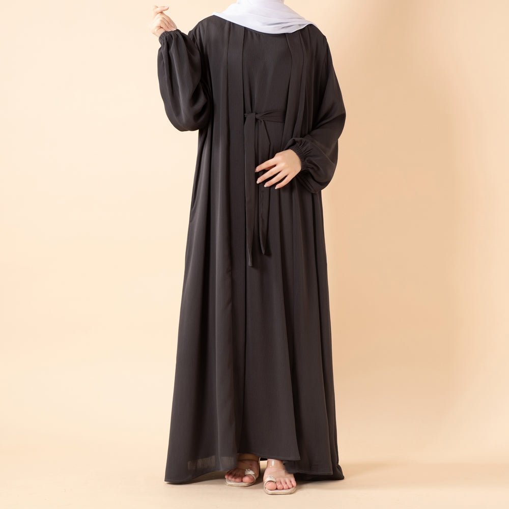 NIDA ZOOM Textured Abaya Set | 3 - Piece Modest Dress with Pockets & Belt(MOA239) - Mariam's Collection