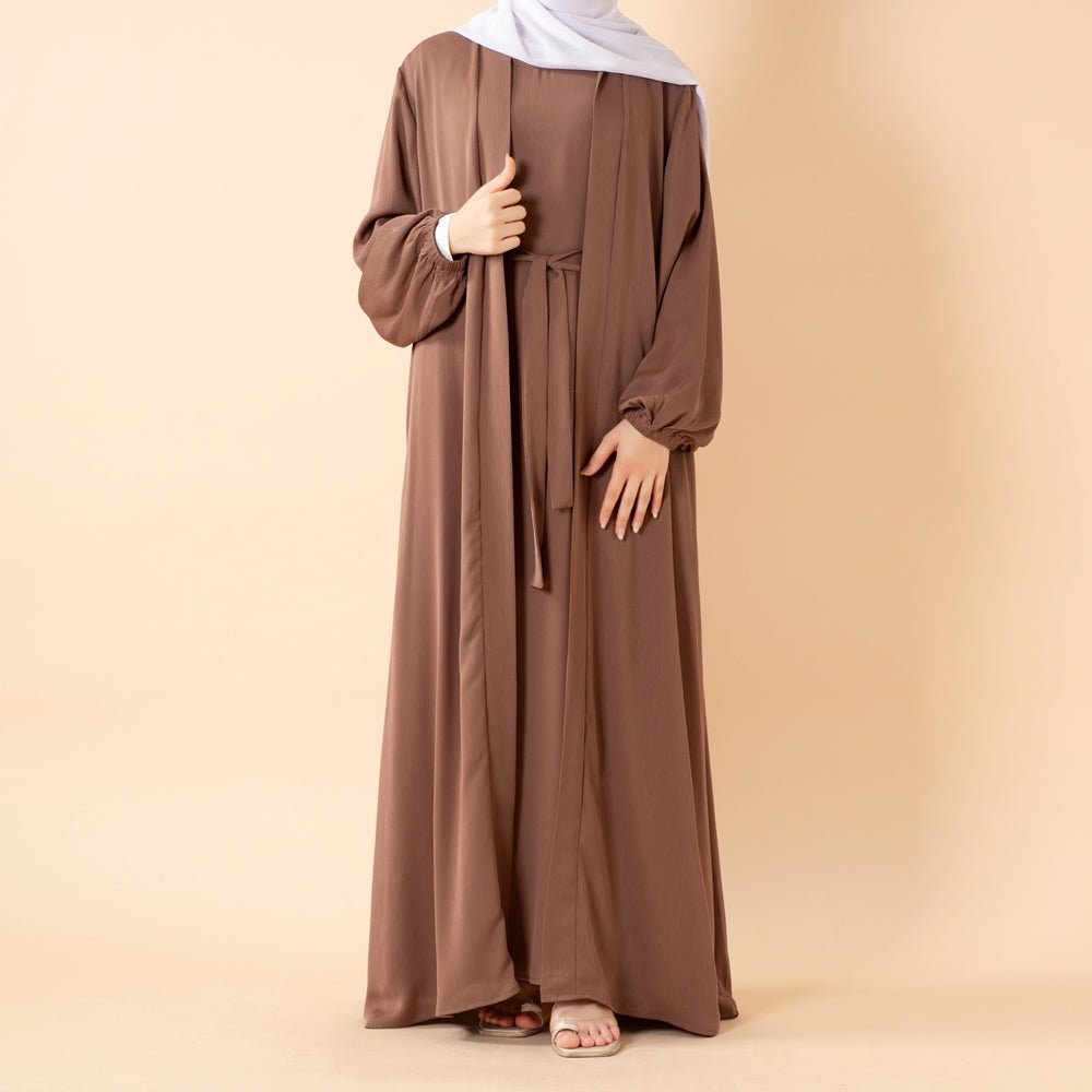 NIDA ZOOM Textured Abaya Set | 3 - Piece Modest Dress with Pockets & Belt(MOA239) - Mariam's Collection