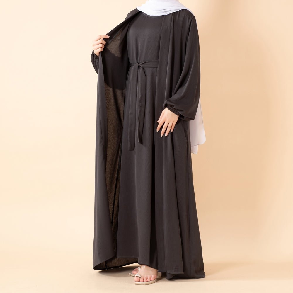 NIDA ZOOM Textured Abaya Set | 3 - Piece Modest Dress with Pockets & Belt(MOA239) - Mariam's Collection