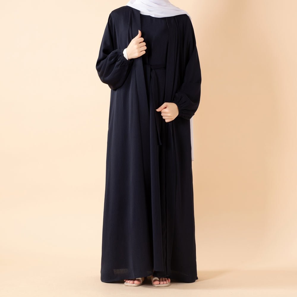 NIDA ZOOM Textured Abaya Set | 3 - Piece Modest Dress with Pockets & Belt(MOA239) - Mariam's Collection