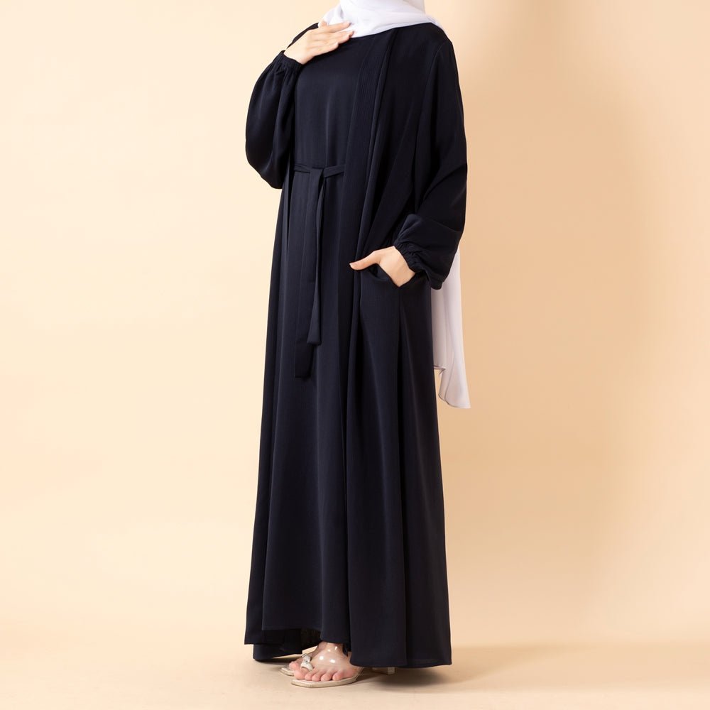 NIDA ZOOM Textured Abaya Set | 3 - Piece Modest Dress with Pockets & Belt(MOA239) - Mariam's Collection