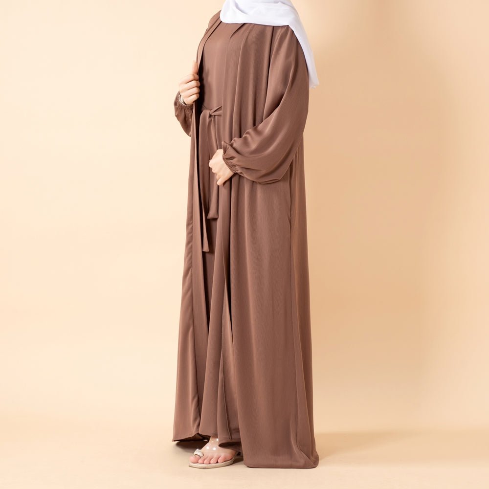 NIDA ZOOM Textured Abaya Set | 3 - Piece Modest Dress with Pockets & Belt(MOA239) - Mariam's Collection