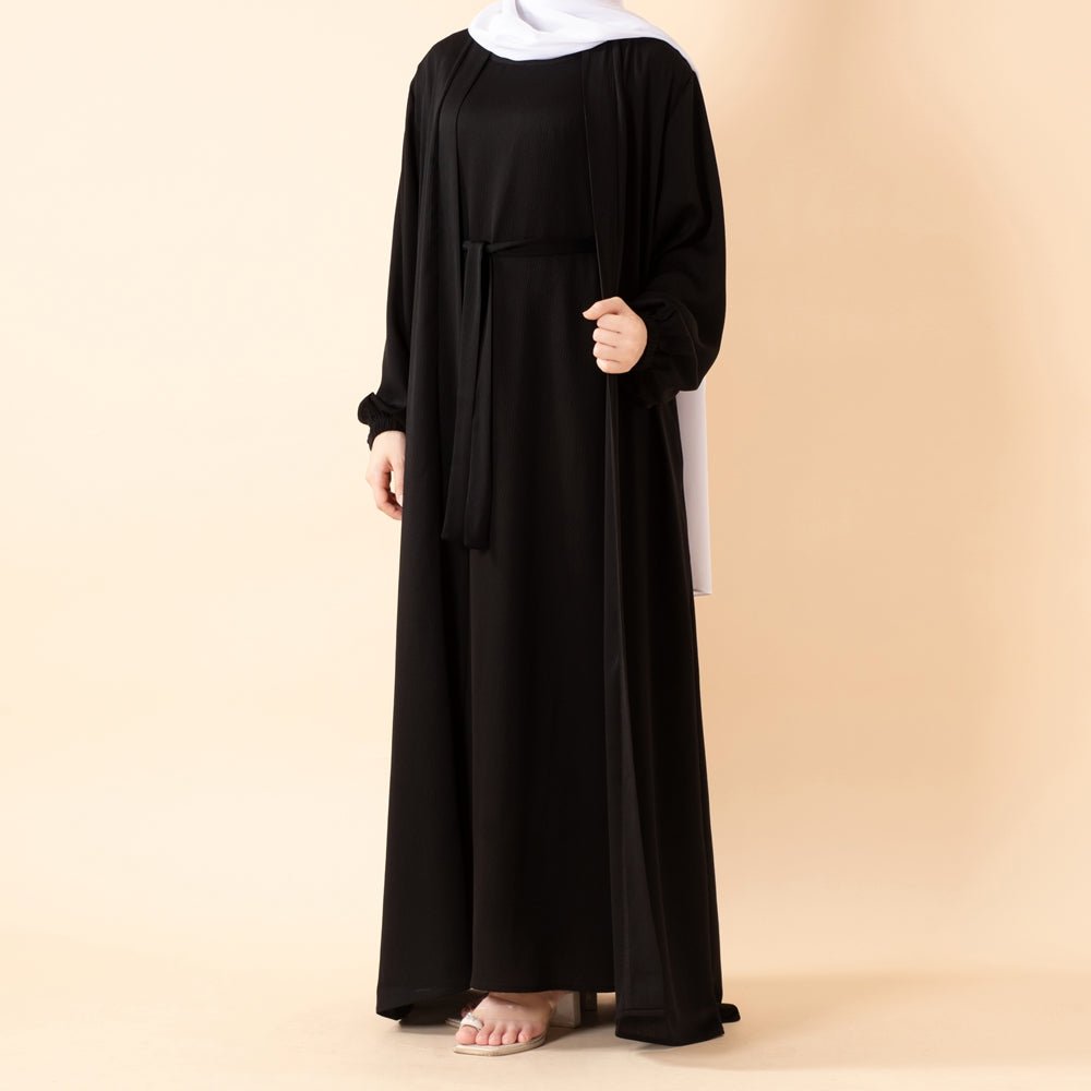 NIDA ZOOM Textured Abaya Set | 3 - Piece Modest Dress with Pockets & Belt(MOA239) - Mariam's Collection